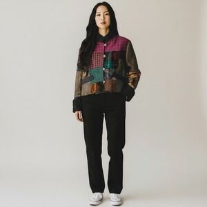 Vintage OAK Boho Patchwork Mandarin Collar Jacket Womens M Eclectic Tapestry USA